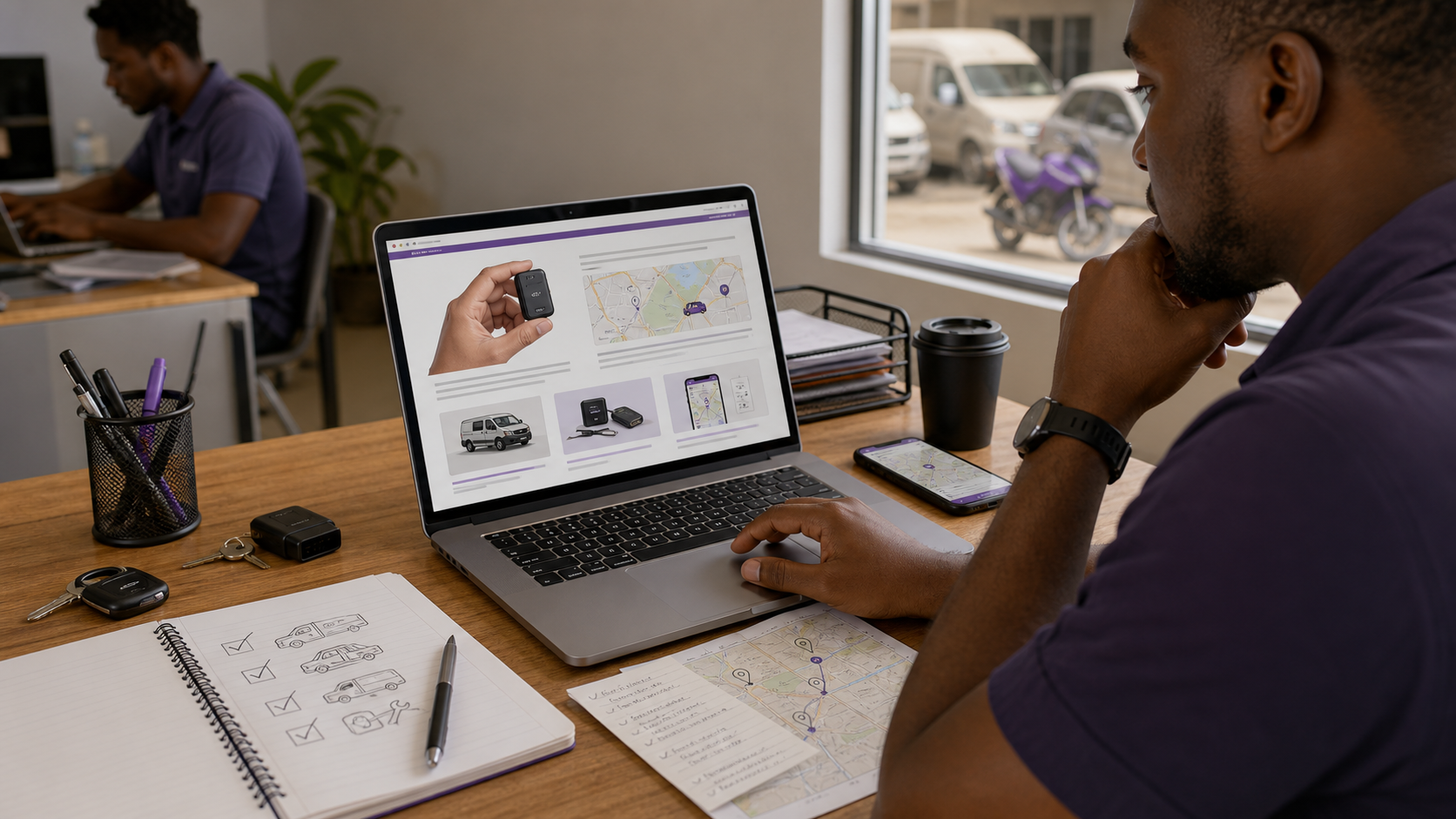 A fleet operator reviews GPS tracking guides and route planning notes.