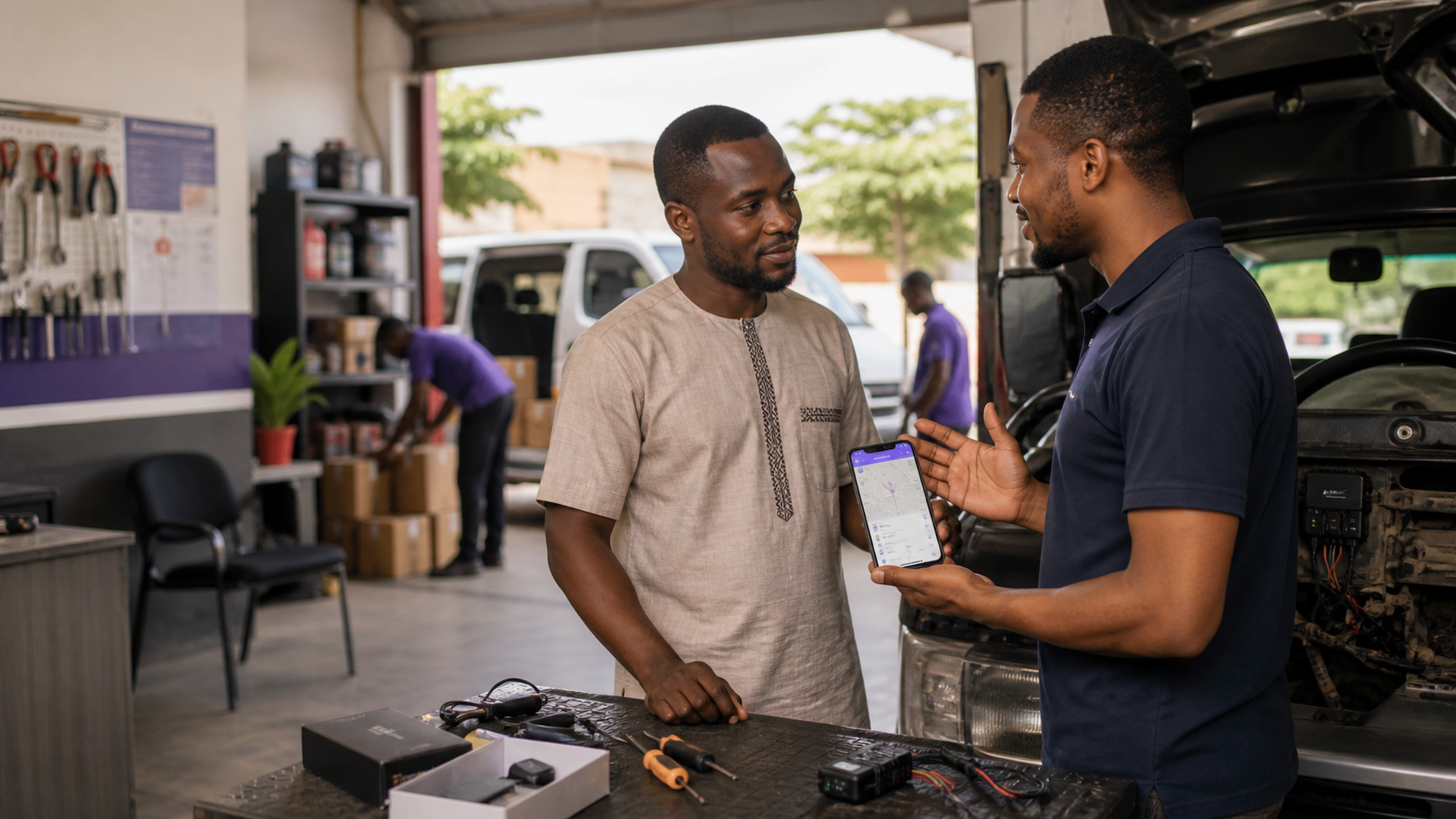 A technician explains GPS tracker installation to a vehicle owner.