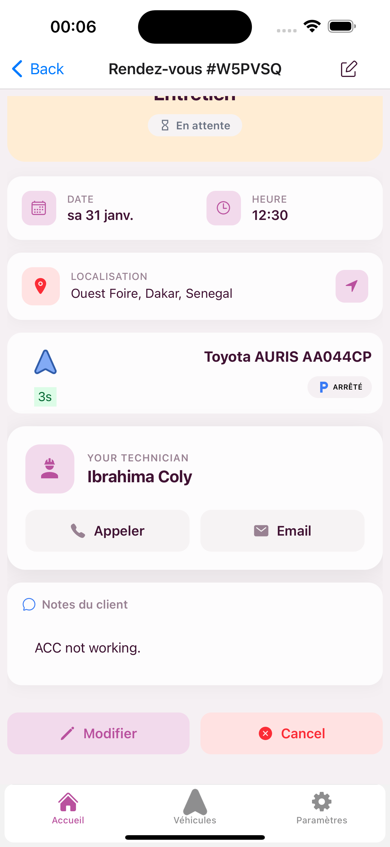 Installation check details with technician contact